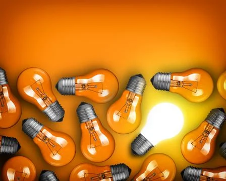 Idea concept with row of light bulbs and glowing bulb Stock Photos