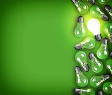 Idea concept with row of light bulbs and glowing bulb Stock Photos