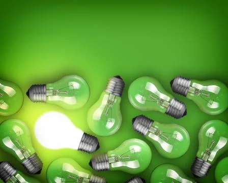 Idea concept with row of light bulbs and glowing bulb Stock Photos