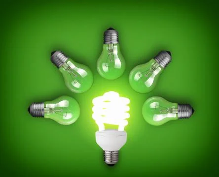 Idea concept with row of light bulbs and glowing bulb Stock Photos