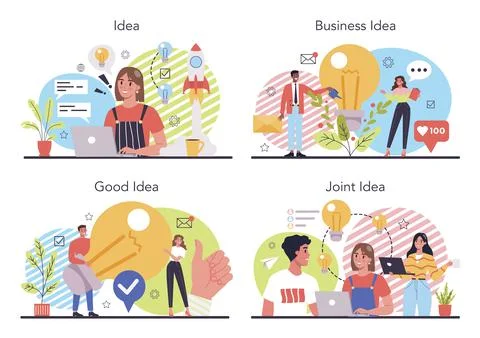 Idea concept set. Creative innovation and brainstorm. Solution generation Stock Illustration