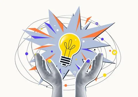Idea concept vector illustration. Two halftone hands holds bulb, explosion at Stock Illustration