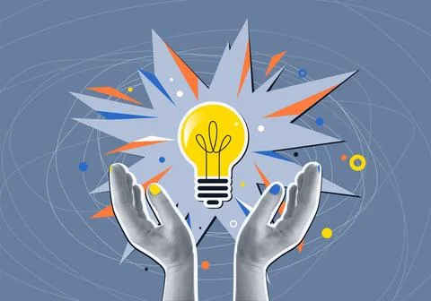 Idea concept vector illustration. Two halftone hands holds bulb, explosion at Stock Illustration