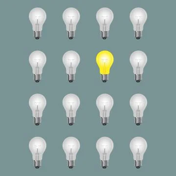 Idea concept.light bulbs with one bright light bulb. Stock Illustration