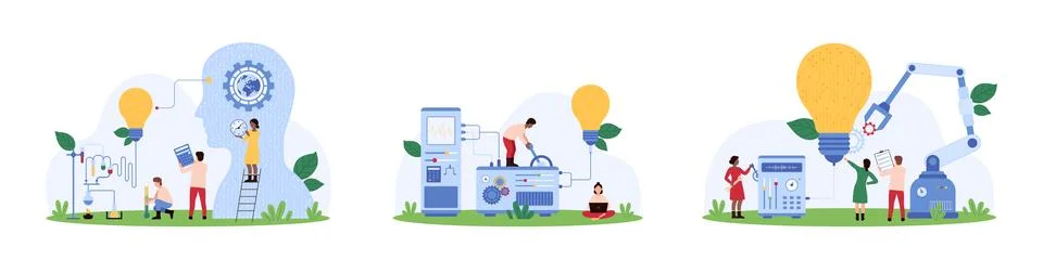 Idea creation with AI set, tiny people and robot build light bulb, work with lab イラスト素材