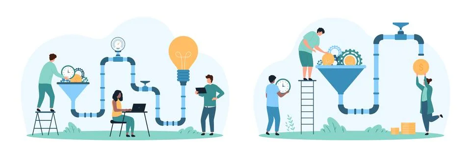Idea creation and monetization process set, tiny people work with light bulb Stock Illustration