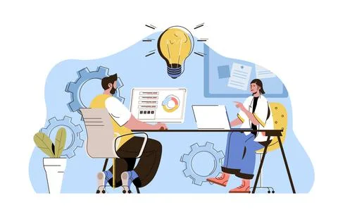 Idea creation concept. Employees brainstorming, discussing project tasks Stock Illustration