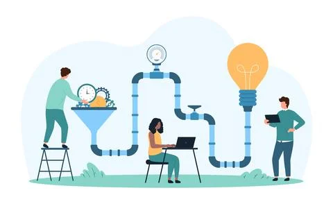 Idea creation process, creative innovation in funnel pipe machine of tiny people 스톡 일러스트