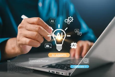 Idea creation using virtual generative ai lightbulb and command prompt, sma.. Stock Photos