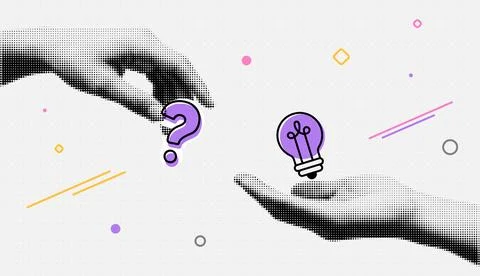 Idea creativity problem solution. Innovation concept question answer thinking Stock Illustration