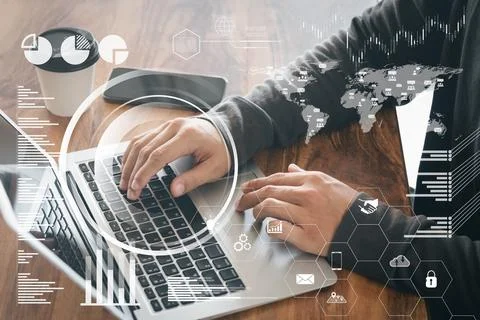 The idea of a digital Interface, dark Dark Screen, a link icon, young finan.. Stock Photos