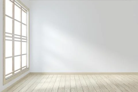 Idea of empty room interior zen style floor wooden on white empty wall.3D ren Stock Illustration