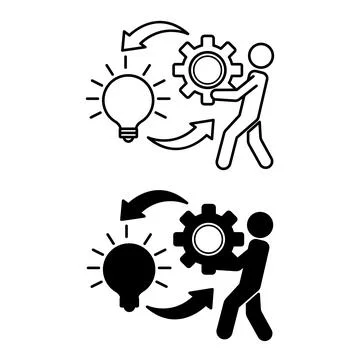 Idea Execution Icons. Line and Glyph Vector Icons. Person Holding a Gear an.. 스톡 일러스트