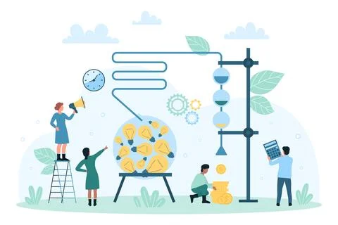 Idea funnel, tiny people work with generator for conversion light bulbs into Stock Illustration