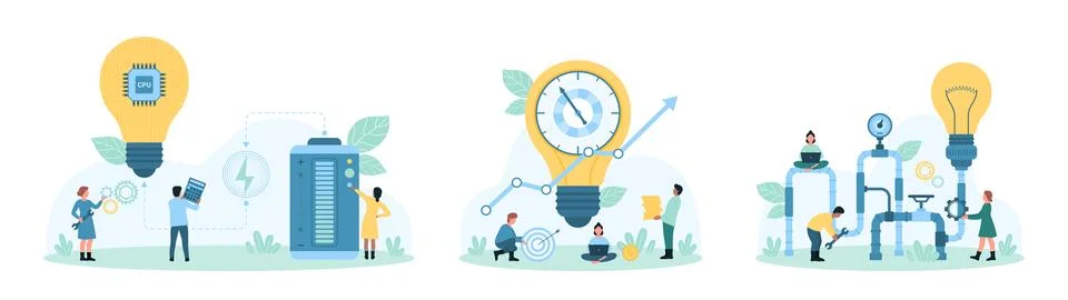 Idea generation and development process set, tiny people work with idea Stock Illustration