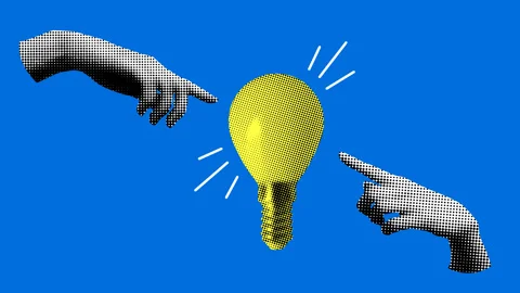 Idea generation concept. Halftone hands and light bulb. Inspiration Stock Footage 332398984