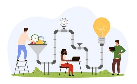 Idea generation with funnel, tiny people exchange money, gears and time to 스톡 일러스트