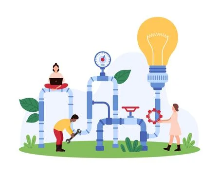 Idea generation process, solution creation and start of digital project by tiny Stock Illustration