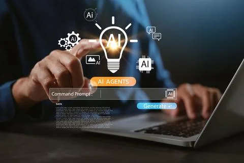 Idea generation using command prompt and virtual ai lightbulb icon allows u.. Stock Photos