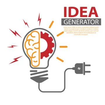 Idea Generator. The human brain and the light bulb. Editable v Stock Illustration