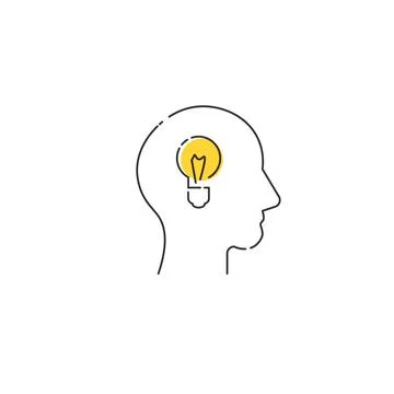 Idea head linear icon. Problem solving concept. Head and light bulb outline 스톡 일러스트