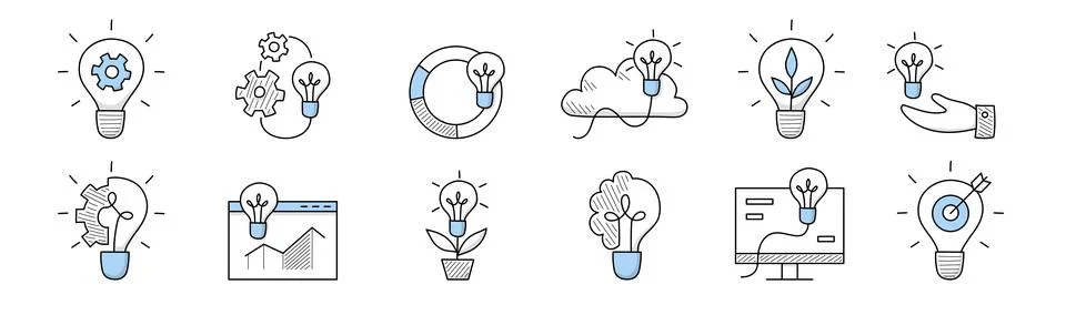Idea icons, doodle business signs light bulbs set Stock Illustration