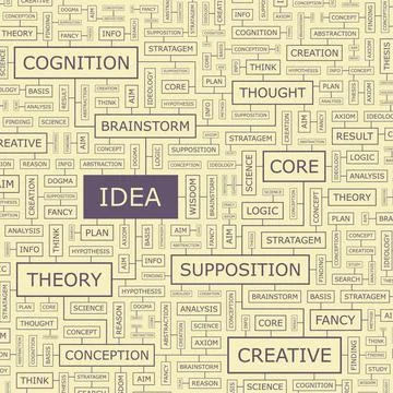 IDEA IDEA. Word cloud illustration. Tag cloud concept collage. Usable for ... Foto stock