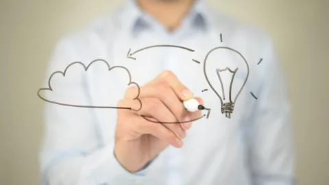 Idea Illustration, Cloud COmputing,  Man writing on transparent screen Stock Photos
