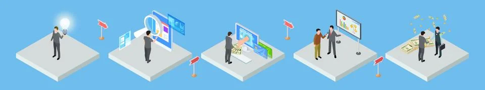 Idea implementation. Business development strategy. Isometric infographic step Stock Illustration