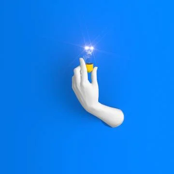 Idea innovation creativity concept, white hand holding glowing bulb isolated  Stock Illustration