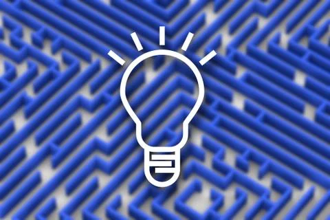Idea lamp on blue color maze background. Close up 3D rendering image Stock Illustration