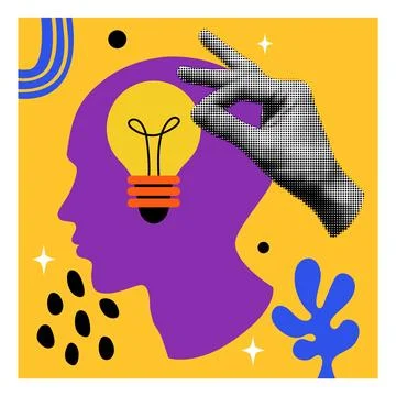 Idea lamp. Paper halftone hand holding lightbulb of invention. Human head Stock Illustration
