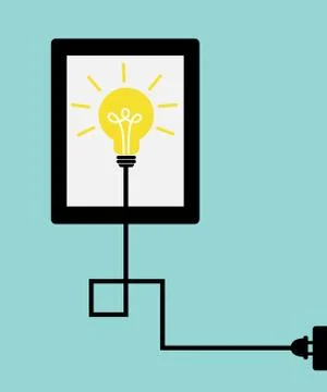 Idea lamp with tablet and electric plug on light blue background. Stock Illustration