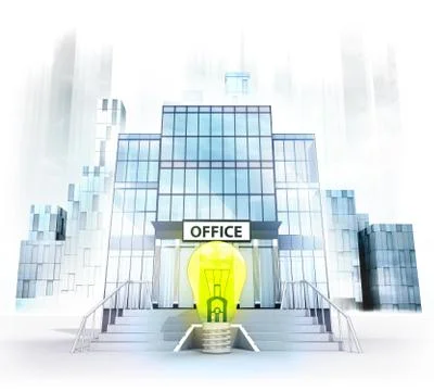 Idea lightbulb in front of office building as business city concept render Ilustración de archivo