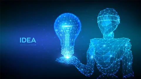 Idea. Lightbulb low poly design with connecting dots. Idea with geometry tria Illustrazione stock