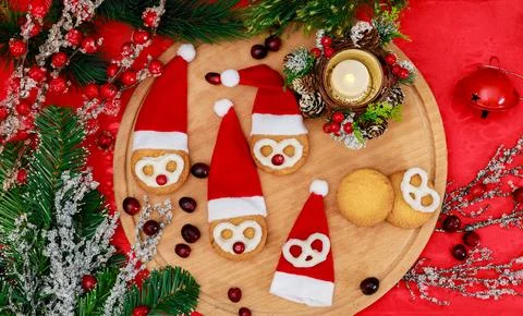 Idea for making Christmas cookies from shortbread and pretzels. Stock Photos