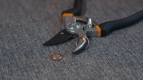 Idea of marriage breakup through rings and metal scissors Vídeos de archivo 340430093