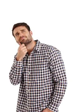 Idea, memory and thinking with man in studio searching for answer or solution to Stock Photos