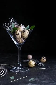 Idea of modern easter interior decoration.  Quail eggs in cocktail glass Stock Photos