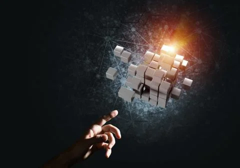 Idea of new technologies and integration presented by cube figure Stock Photos