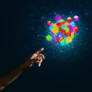 Idea of new technologies and integration presented by cube figure Stock Photos