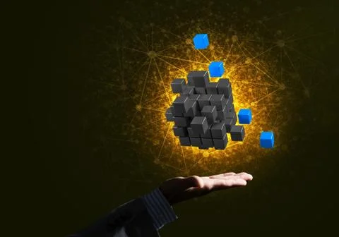 Idea of new technologies and integration presented by cube figure Stock Photos