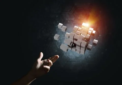 Idea of new technologies and integration presented by cube figure Stock Photos