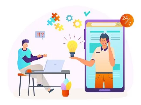 Idea from online support service, vector illustration, tiny man customer Illustrazione stock