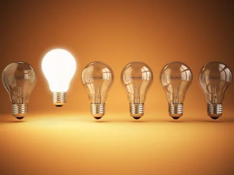 Idea or uniqueness, originality concept. Row of light bulbs with glowing one Stock Illustration