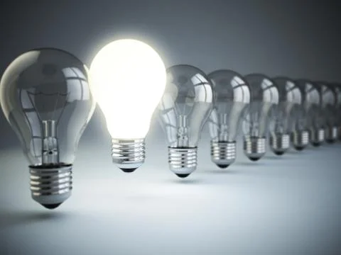 Idea or uniqueness, originality concept. Row of light bulbs with glowing one Stock-Illustration