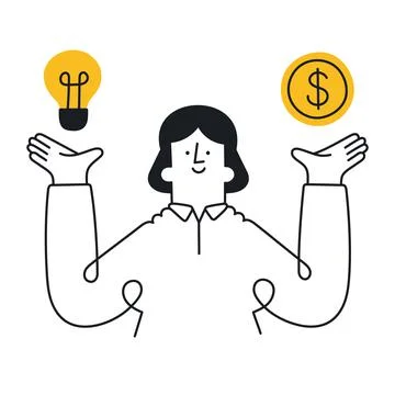 Idea or wealth. Concept of idea value, solution and expenses balance. Outline Stock Illustration