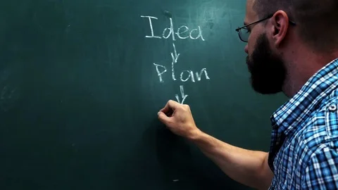 Idea, plan, action. Bearded man is writing on the blackboard Stock Footage 90371564