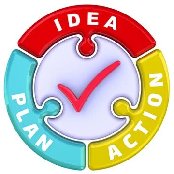 Idea, plan, action. The check mark in the form of a puzzle Illustrazione stock