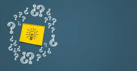 Idea on a post it surrounded by question marks on grey background Stock-Illustration